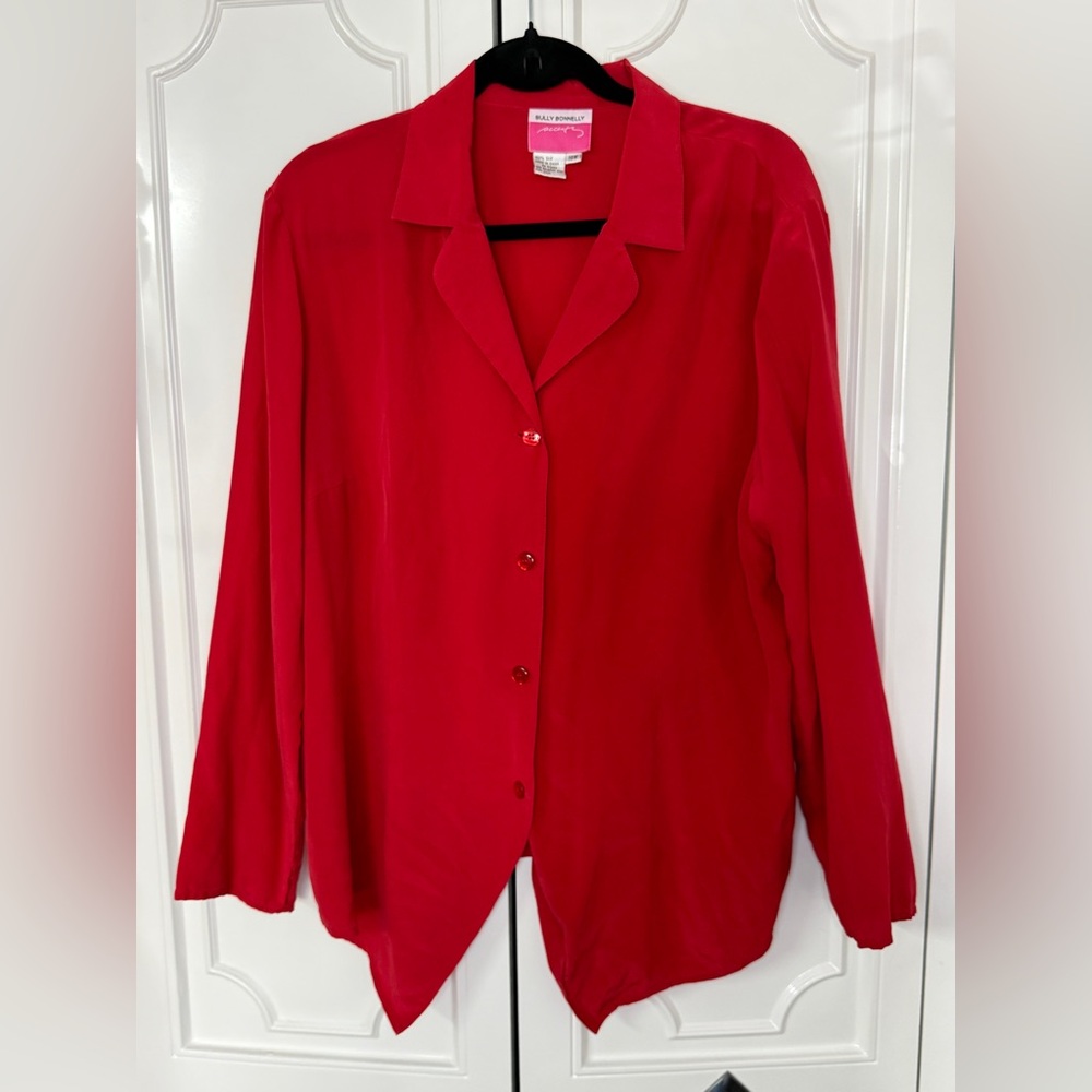 Sully Bonnelly Accents 100% Silk Red Button Up  Front Blouse 18W VTG